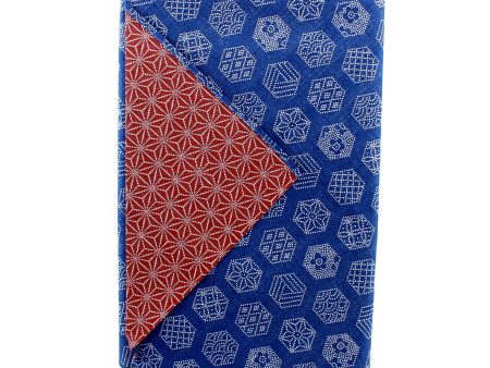 Furoshiki Shantung Double Sided Japanese Wrapping Cloth (Tortoiseshell Crest & Hemp Leaf, Navy & Rusted Vermillion , 100x100cm) Sale